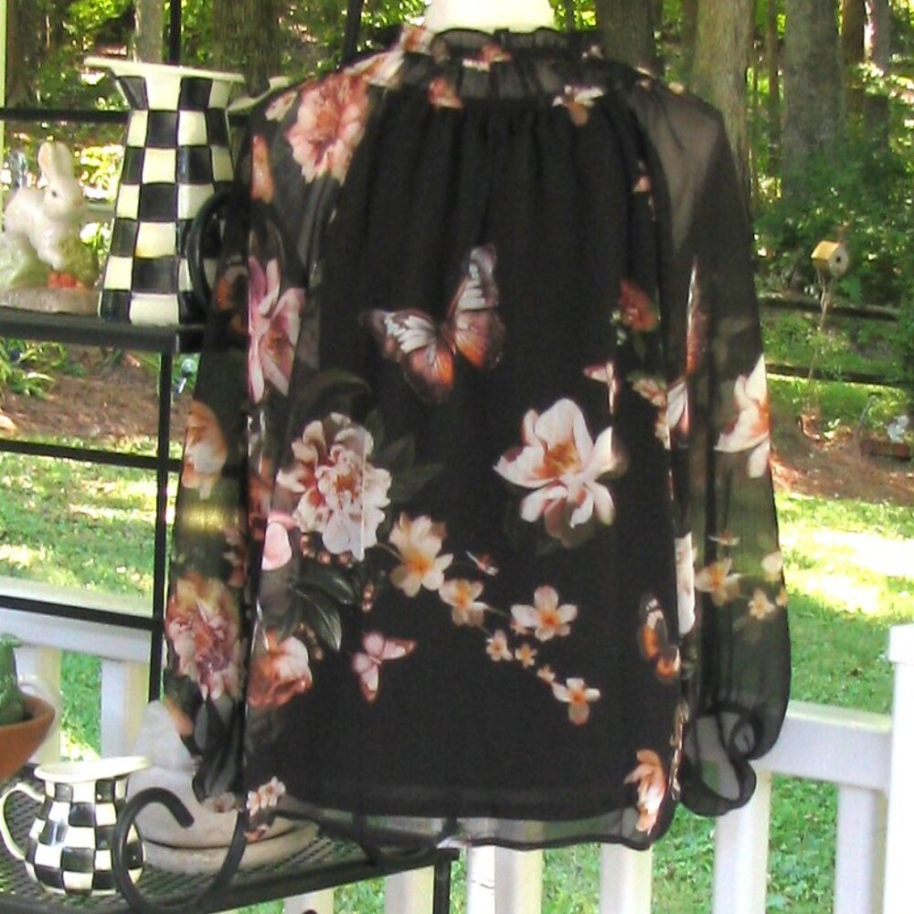 Joie black floral butterfly top shirt blouse Large polyester soft luxury style - Picture 5 of 8